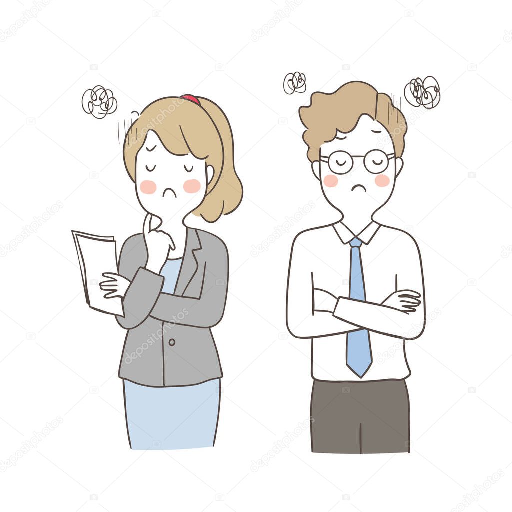 Vector illustration of angry young businessman and businesswoman during meeting, doodle cartoon style