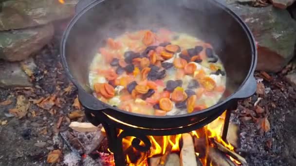 Matlagning kött på en brand i gjutjärn kittel. — Stockvideo
