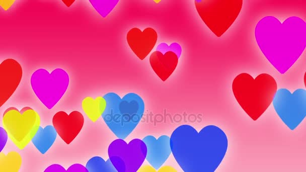 Animación de fondo de corazones. Corazones coloridos cayendo lentamente sobre un fondo rosado con partículas que fluyen alrededor — Vídeo de stock