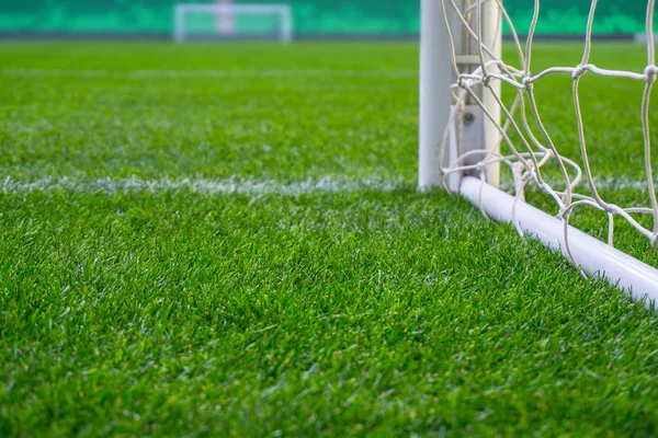 Boisko do piłki nożnej z zielonej trawie. Cel piłki nożnej na stadionie arena. — Zdjęcie stockowe