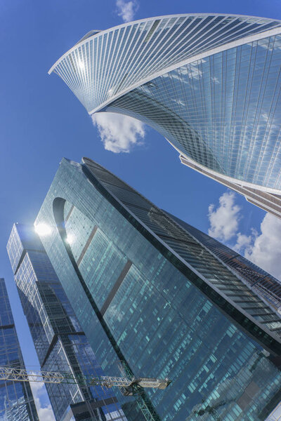 MOSCOW - JUNE 08, 2017: Wide-angle view of Moscow-City skyscrapers. Modern commercial buildings.