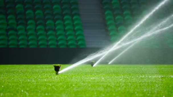 Fotbal nebo fotbal pole zavlažovací systém automatického zavlažování trávy. — Stock video