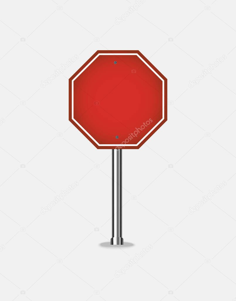 Red road sign is isolated on white background. Blank traffic label is empty. Warning or stop banner