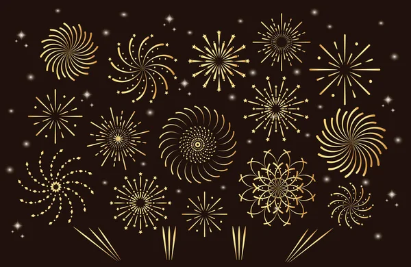 Feuerwerk oder Pyrotechnik auf dunkelbraunem Grund. Goldene Spirale Feuerwerk mit Funkeln, Sterne am Nachthimmel. — Stockvektor