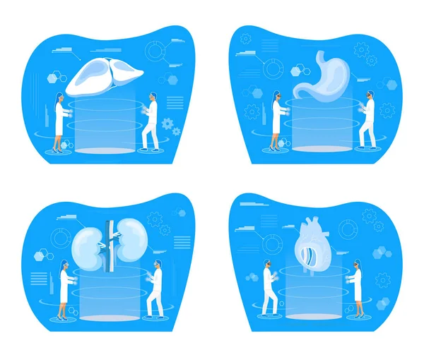 Tiny doctors treat internal organs, making ultrasound, x ray research in hologram — Stock Illustration Tiny doctors treat internal organs, making ultrasound, x ray research in hologram Vector Graphics