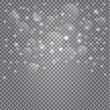 Gerçekçi düşen kar taneleri. Şeffaf arkaplanda beyaz noel parıldıyor. Parlak, parlak desenli, röfleli.