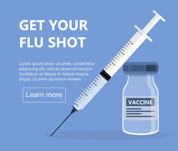 Concepção de gripe no fundo azul. Hora de vacinar. Tira a tua vacina contra a gripe. Seringa com frasco de vacina. Imunização — Vetor de Stock