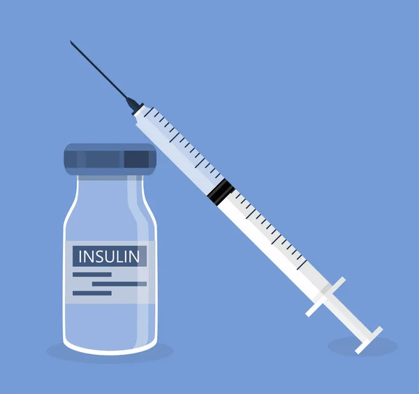 Para el control de la diabetes tipo 2 se muestran jeringas de insulina, medidor de glucosa en sangre y frasco de insulina en icono de estilo plano. Ayuda para la producción de diabéticos e insulina — Vector de stock