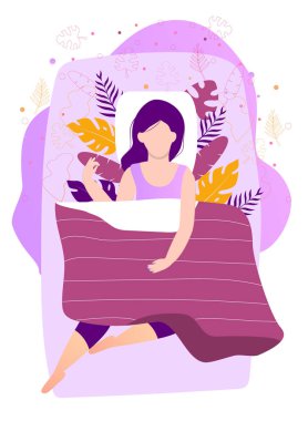 Tatlı bir kadın geceleri battaniyesinin altında yatağında uyuyor. Çiçekli tatlı rüyalar konsepti, geride vektör çizimi bırakır