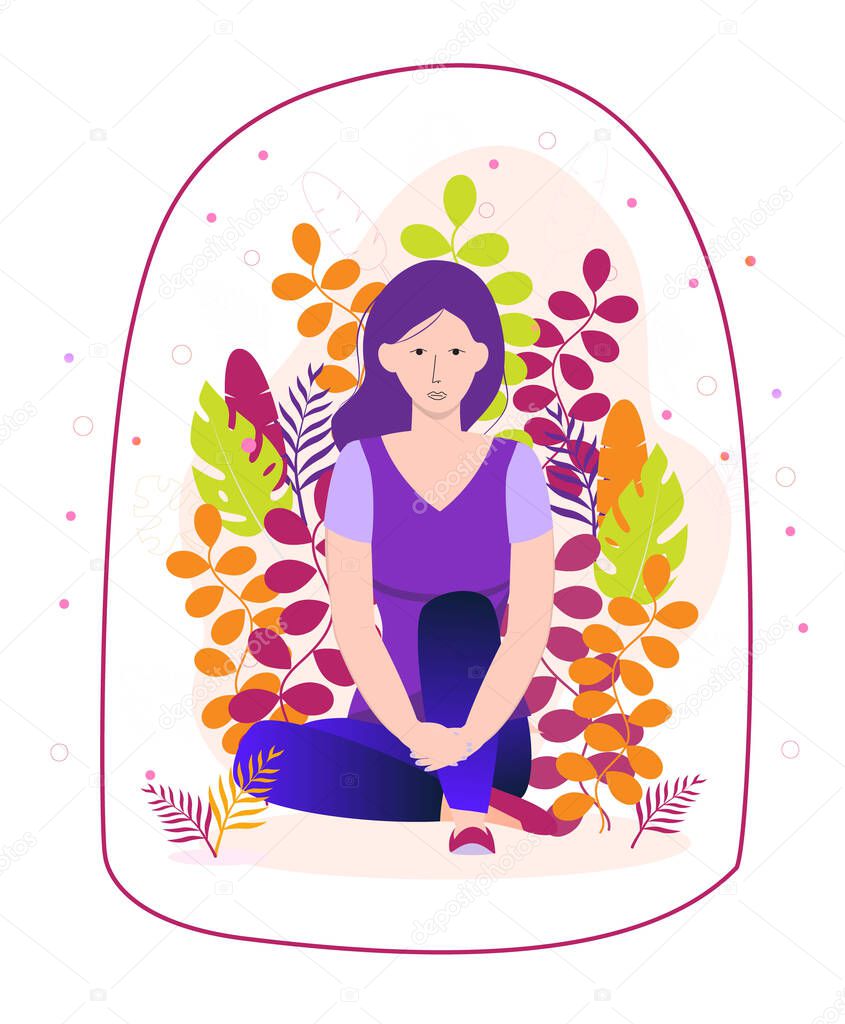 Introvert is sitting and immersed in his inner spiritual world on a floral background. Transparent dome is metaphor. Introverted girl character in cartoon style.