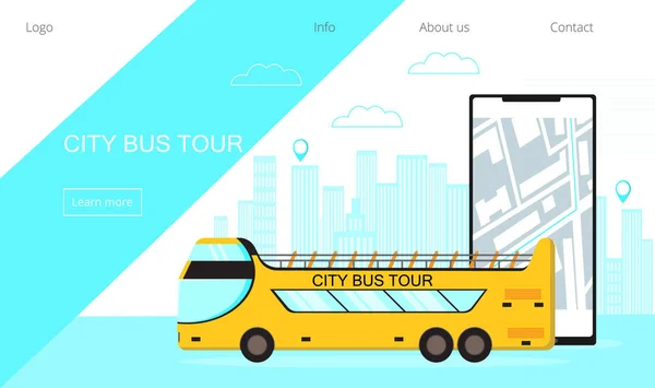Koncept prohlídky městského autobusu pro přistávací stránku. Otevřít top sběrnice s on-line mapovou aplikací na smartphonu. Veřejná doprava zastávky a trasy pro mobilní stránky. Městský a venkovský dopravní vektor — Stockový vektor