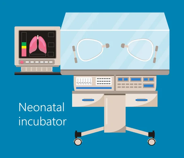 Incubadora infantil y cuidados intensivos neonatales con sensor de oxígeno de temperatura del aire para bebés enfermos. Concepto de neurología vector. Equipo de reanimación para enfermería prematura — Archivo Imágenes Vectoriales