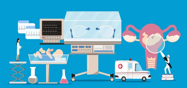 Zuigelingenincubator en neonatale intensive care met luchttemperatuur zuurstofsensor voor zieke baby 's. Neurologie concept vector. Reanimatieapparatuur voor premature verpleging — Stockvector