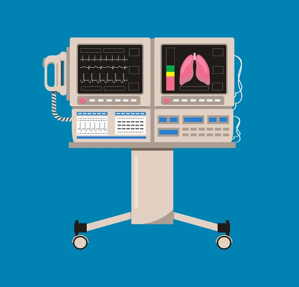 Attrezzature di rianimazione per pazienti incoscienti. Clinica per unità di terapia intensiva con sensore dell'ossigeno dell'aria per la ventilazione medica. Apparecchi o chirurghi di emergenza in sala operatoria . — Vettoriale Stock