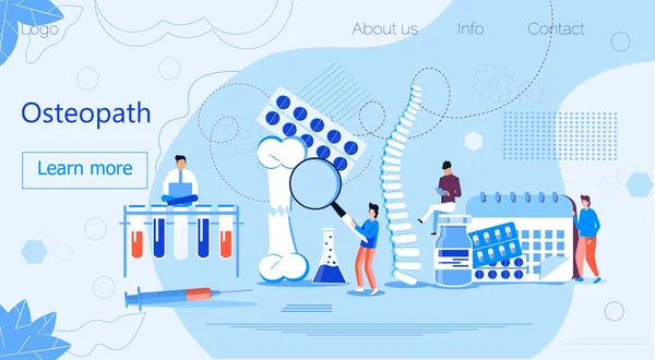 Osteopath practice. Osteoporosis concept, osteoarthritis anatomical vector. Tiny doctors research bones of human. Joint pain, fragility of lower leg are shown. It is for landing page — 스톡 벡터