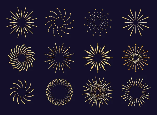 Starburst, Feuerwerk Schatten goldenen Symbol-Vektor. Strahlung aus dem Zentrum der geraden und spiralförmigen Balken, Linien. Satz einfacher Elemente für Logo, Schilder. Feuerwerk, Pyrotechnik — Stockvektor