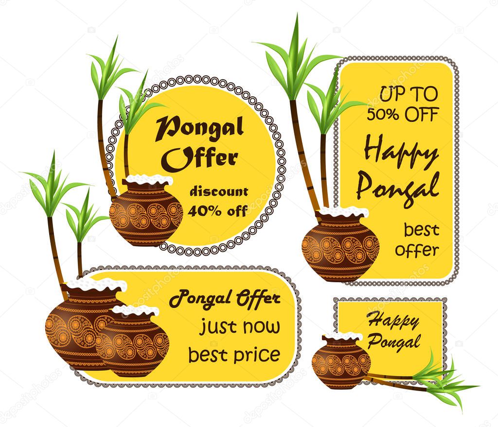 Happy Pongal festival is Hindu harvest traditionally dedicated to the Sun God Surya and celebrated in Tamil Nadu. Pongal offer and discount stickers with pot. Set of sale tag
