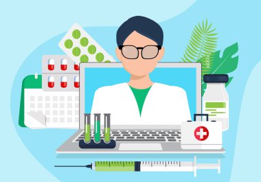Doktor randevu vektörü. Online tıbbi konsültasyon ya da laboratuvar. Uzaktan tanılama ya da sanal sağlık hizmeti internet teknolojileri. Acil durum, sağlık görevlileri arıyor.