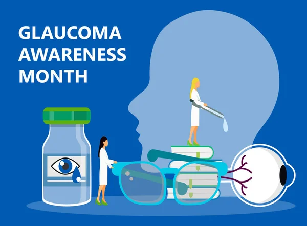 Mes de conciencia del glaucoma se celebra en EE.UU. en enero. Diagnóstico de opacidad lenticular. La vista revisa el eslogan. Oftalmólogo y vector sanitario — Vector de stock