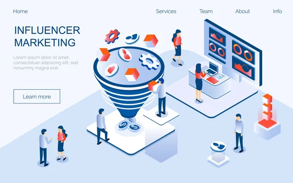 Influencer marketing concept vector voor landing page. Effect op B2c-klanten, potentiële kopers of consumentenproducten op de onlinemarkt, internetcommunicatie in trendy isometrische — Stockvector