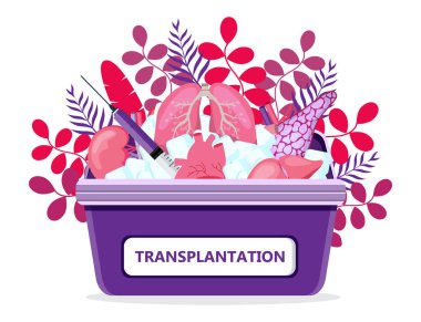 Afiş, broşür, tıbbi web sitesi için organ nakli konsepti taşıyıcısı. Buzlu tıbbi kırmızı çanta. Dünya Organ Bağış Günü ya da Hafta. Bağırsak, kalp, böbrekler, pankreas