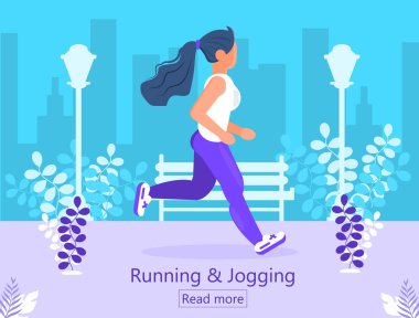 Koşu ve koşu sayfası. Kadın şehir parkında koşuyor. Maraton, şehir koşusu, antrenman, kardiyo egzersizi. Açık hava etkinliği, fitness, zayıflama programı vektörü