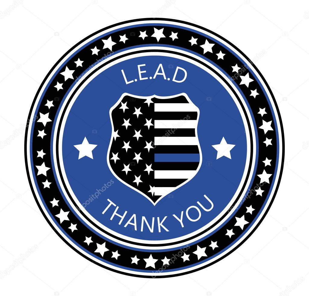 Law Enforcement Appreciation Day is celebreted in USA on January 9th each year. Police shild with US flag and L.E.A.D. slogan. Flat vector with stars for flyer, card, web, banner, emblem