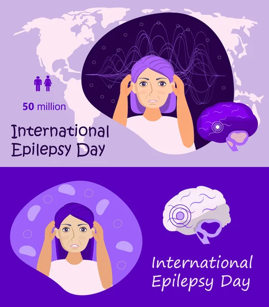 El Día Internacional de la Epilepsia es un evento especial el segundo lunes de febrero. Epiléptica, neurología de la salud. Migraña, terrible dolor de cabeza concepto vector . — Archivo Imágenes Vectoriales