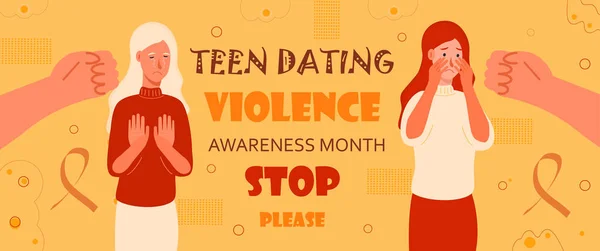 Teen dating violence awareness month is celebrated in February on USA. Victim scene. Stressed person in shame and hands with pointing finger. Concept of accusation in life — 스톡 벡터