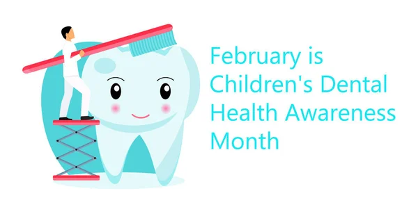 Παιδική Οδοντιατρική Ευαισθητοποίηση Μήνα Φεβρουαρίου έννοια διάνυσμα. Εθνική Οδοντιατρική Υγιεινή μήνα, εβδομάδα, ημέρα. Μικροσκοπικός οδοντίατρος καθαρισμού χαριτωμένο δόντι για να βοηθήσει πονόδοντο — Διανυσματικό Αρχείο
