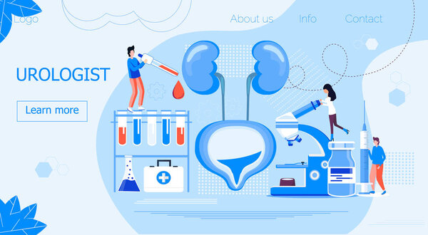 Urologist concept for web, for cystitis, urolithiasis, nephroptosis, renal failure problems. Pyelonephritis, diseases and kidney stones illustrations. Tiny doctors treat kidneys.