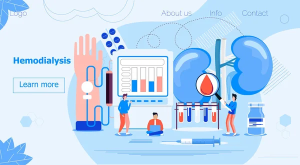 Hemodialysis concept vector. Method of extrarenal blood purification in acute and chronic renal failure. Tiny doctors treat, test kidneys. Blue template for website — ストックベクタ