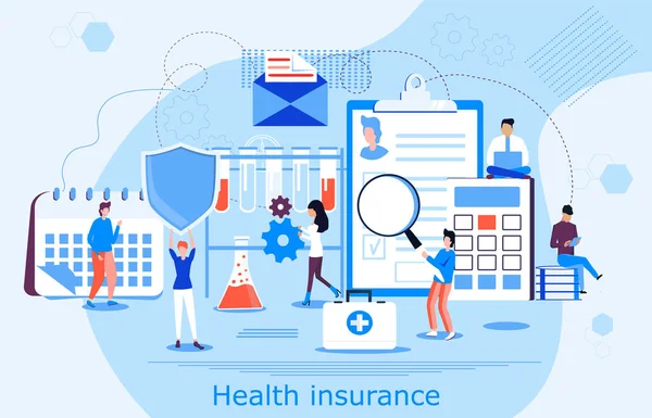 Healthcare insurance vector concept, people with doctor filling health online assurance policy. Shield, calendar, patient card are shown. Insurance broker offer coverage — 스톡 벡터