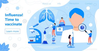 Grip aşısı mı? Aşı zamanı. Aşı, şişe, aşı takvimi ve doktorlarla dolu bir şırınga. Küçük doktorlar grip aşısı yapar. Web sitesi için sağlık vektörü resimleme kavramları