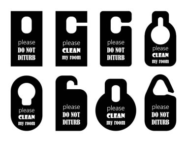 Askılar vektör simgesini ayarladı. Siyah kağıt, plastik, karton kapı kilidi kartları beyaz arka planda izole edilmiş. Rahatsızlık verme, sakinleşme ve pansiyondaki oda ve daireler için temiz kapı askısı.