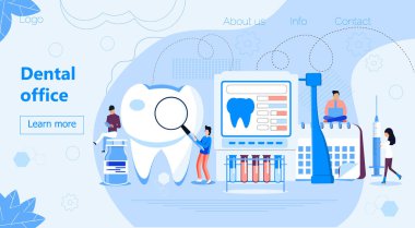 İniş sayfası için dişçi ofisi vektör kavramı. Küçük dişçiler diş ağrısına, pulpitis, caries tedavisine, diş minesi beyazlamasına ya da iyileşme implantına yardım eder. Ulusal Hijyen Ayı, Bilinç Haftası