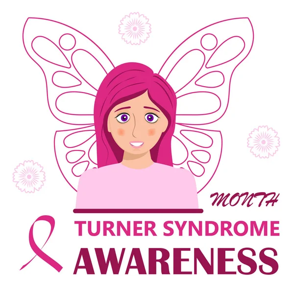 Turner Syndrome awareness month is celebrated ib February. Pink butterfly symbol vector on white background . Believe in miracles text and crimson ribbon. Signs, health issues of TS — 스톡 벡터