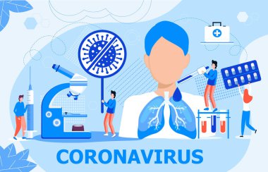 İniş sayfası, afiş, poster için Coronavirus konsept vektörü. Küçük doktorlar hastaları tedavi eder. Kapak tabelasını durdur. Diriltme, akciğer havalandırması enfeksiyon kapmış bir adamı kurtarmak için. Salgın durum, bilim