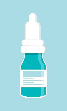 Burun damlası şişe ikonu. Kulak ya da göz için ilaç düşüşü. Düz mavi arka planda basit tıbbi uyuşturucu vektörü