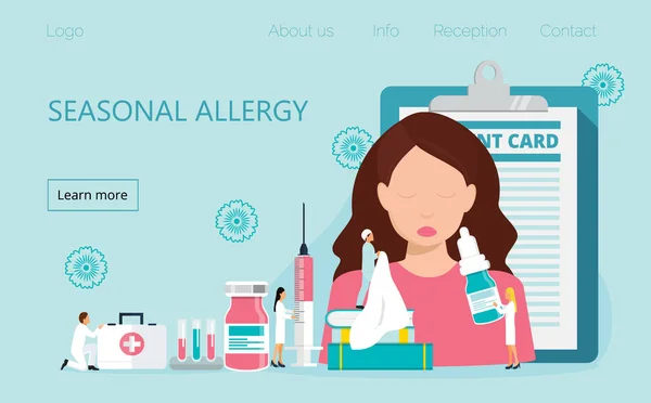 Allergy attack because of spring flowers. Girl is sneezing, is needed medical care. Tiny allergists make allergy diagnosis, treat pollen allergy. Immunotherapy concept vector — 스톡 벡터