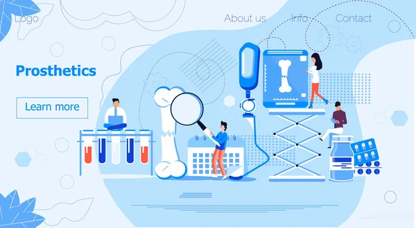 Prótesis y vector de concepto de centro ortopédico para sitio web. Los médicos diminutos ofrecen prótesis de pierna corredora. Extremidad metálica biónica para humanos. Día de la discapacidad, mes. Apoyo médico durante meses . — Archivo Imágenes Vectoriales