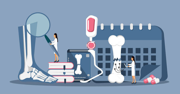 Концептуальный вектор протезирования и ортопедического центра для сайта. Крошечные врачи предлагают протез бегущей ноги. Бионическая металлическая конечность для человека. День инвалидности, месяц. Медицинская поддержка за месяц
.