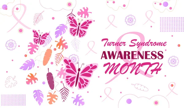 Turner Syndrome awareness month is celebrated in February. Pink butterflies and falling tropical colorful leaves on white background. Crimson ribbon is symbol — Stock Vector
