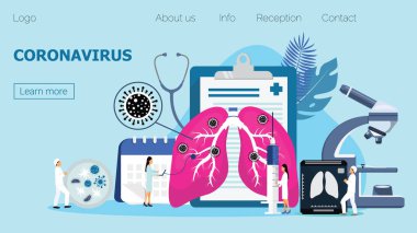 İniş sayfası, afiş, poster için Coronavirus konsept vektörü. Küçük doktorlar hastaları tedavi eder. Kapak tabelasını durdur. Diriltme, akciğer havalandırması enfeksiyon kapmış bir adamı kurtarmak için. Salgın durum, bilim