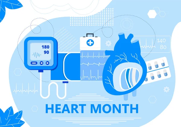 Amerykański Miesiąc Serca w Nas w lutym. Poziomy baner opieki zdrowotnej. Wektor chorób serca z workiem medycznym i strzykawką. Plakat medyczny z listkami. Roczna kampania ochrony — Wektor stockowy