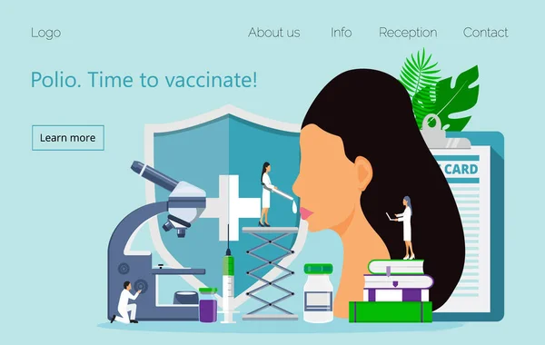 Вакцинация полиомиелита. Время вакцинировать. Медицинский иллюстрированный шприц с вакциной, бутылка для сайта, приложения. Маленький доктор дает капли от полиомиелита — стоковый вектор