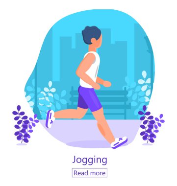 Sporcu koşuları. Adam şehir parkında koşuyor. Maraton, şehir koşusu illüstrasyonu. Antrenman, kardiyo egzersizi. Yaz sporu zamanı. Açık hava etkinliği, fitness, zayıflama programı vektörü