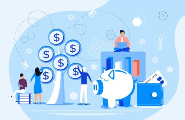 Para ağacı vektörü ekiliyor. Sıfır tabanlı bütçe. Küçük insanlarla iş yatırımları ve finansal büyüme örnekleri. Web sitesi için para, bütçe planlaması ve mali harcamalardan tasarruf edin