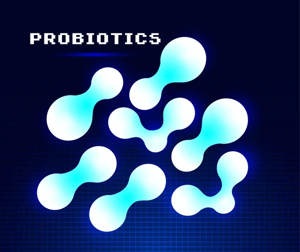 Probióticos y banner de fluido bacteriano en estilo futurista. Logo Lactobacillus con texto en el ciberespacio. Brillante vector de símbolo amorfo para los productos lácteos se muestran como el yogur — Vector de stock