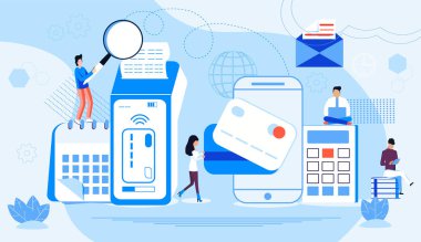 NFC terminal konsept vektörü. Kredi kartıyla NFC ödemeleri. Pos terminali akıllı telefondan e-ödemeyi doğruluyor. Müşteriler bağlantısız ya da kablosuz alışveriş yaparlar. Çevrimiçi bankacılık hizmeti.